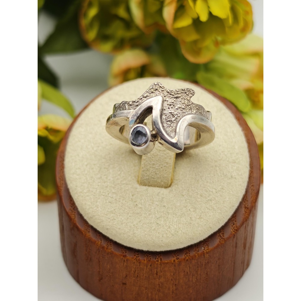 Abstract Mountain Wave Artisan Ring Women 5.5 Silver Sapphire Handmade Bohemian